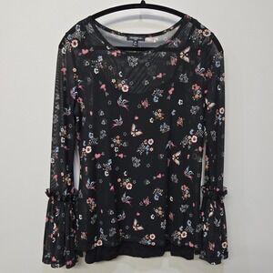 Freshman 1996 Shirt Top Medium Black Mesh Tattoo 90s Y2K Bell Sleeves Whimsigoth